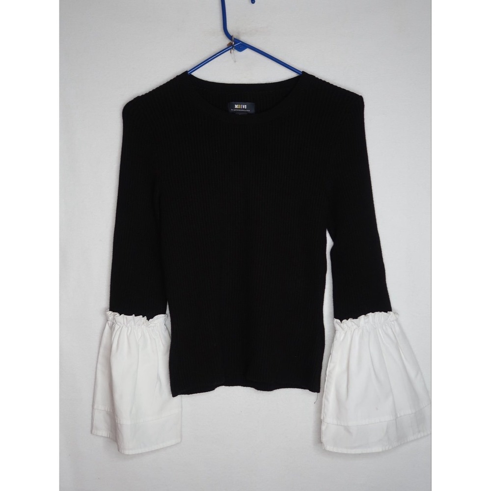 Maeve Anthropologie Bell Sleeve Sweater Black White Ribbed Womens Medium Ruffle